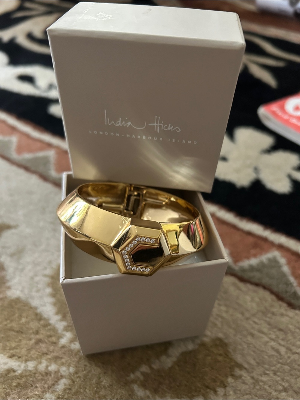 NIB India Hicks Casino Cuff Gold Geometric Bracelet with Crystal 'C' Accent